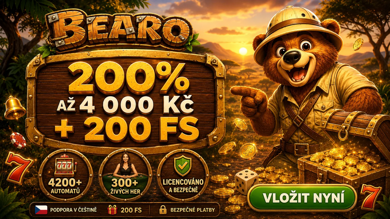 Bearo bonus — 200 % až 4 000 Kč + 200 free spinů, vložit nyní